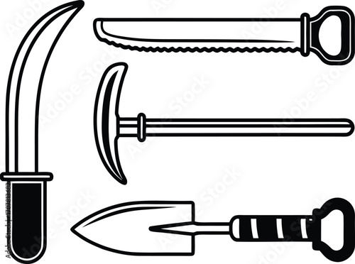 Assorted Gardening Tools Set Vector Illustration Various Implements Including a Billhook Pickaxe Serrated Knife and Small Shovel
