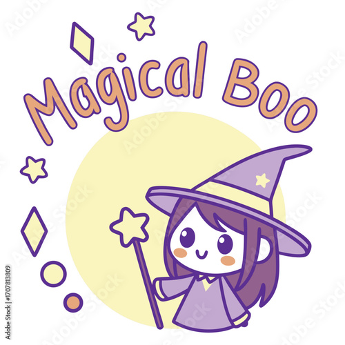 Cute witch smiles while holding a magical wand with stars and diamonds on transparent background