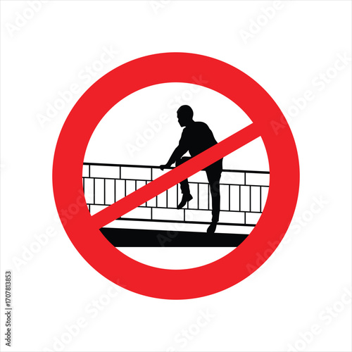 A red prohibition sign showing a person climbing over a railing.