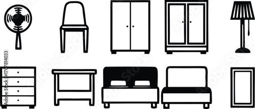 Bedroom Furniture Set Black and White Line Art Vector Illustration Modern Interior Design Elements Home Furnishings Interior Decoration Minimalist Style