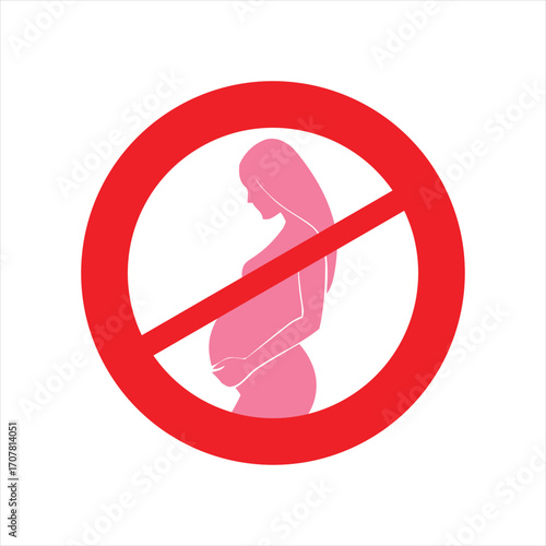 Red prohibition sign over a pink silhouette of a pregnant woman, symbolizing no pregnancy or anti-abortion.