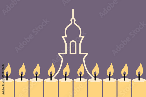 Illustration of nine lit candles in a row with a building outline in the background on purple color