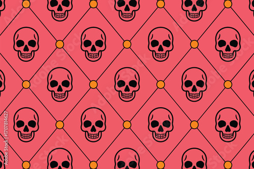 Repeated skull pattern with orange dots and lines on a pink background creates a spooky design