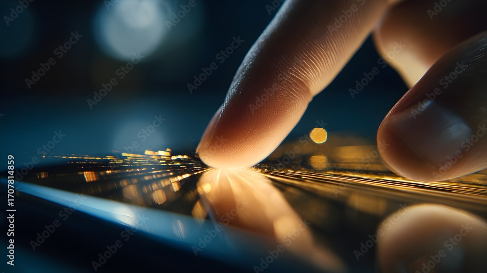 Obraz premium Close-up of a finger tapping on a glowing mobile device, highlighti...