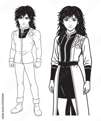 Anime Warrior Characters Male Female Line Art Illustration.