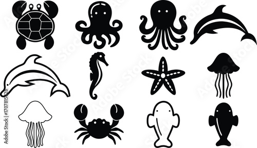Black and White Ocean Animal Silhouettes Collection Underwater Creatures Icons Marine Life Vector Illustration Sea Fauna Set Turtle Octopus Dolphin Seahorse Starfish Jellyfish Crab Fish