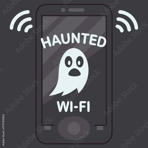 Ghost hovers with haunted wifi message inside a modern smartphone showing wireless connection signals