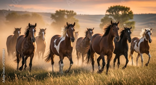 A herd of horses gallops through a grassy field at sunset, kicking up dust and backlit by warm sunlight