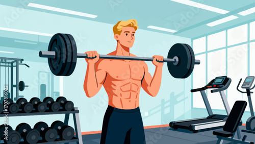 Working out with barbells in the gym, hand-drawn vector illustrations