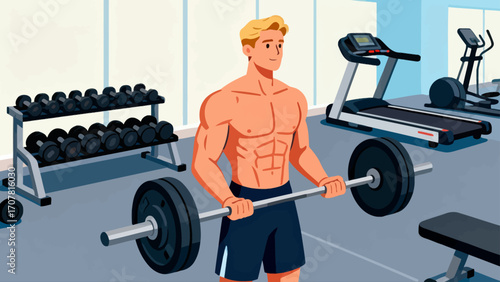 Working out with barbells in the gym, hand-drawn vector illustrations