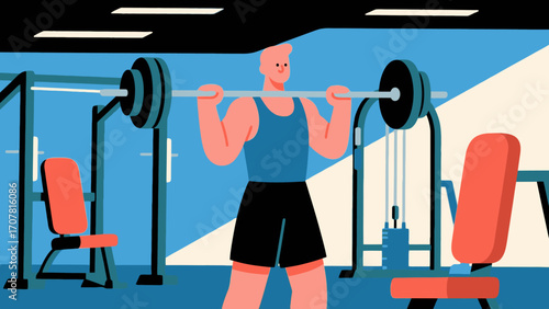 Working out with barbells in the gym, hand-drawn vector illustrations