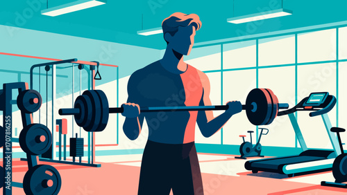 Working out with barbells in the gym, hand-drawn vector illustrations