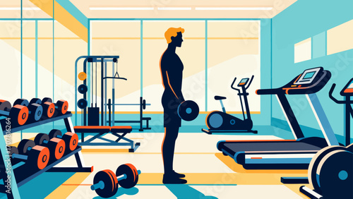 Working out with barbells in the gym, hand-drawn vector illustrations