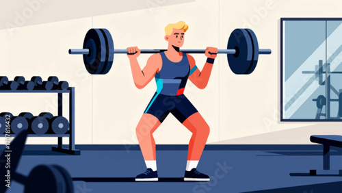 Working out with barbells in the gym, hand-drawn vector illustrations