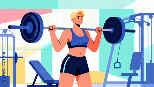 Working out with barbells in the gym, hand-drawn vector illustrations