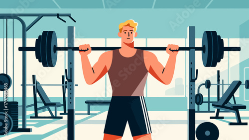 Working out with barbells in the gym, hand-drawn vector illustrations