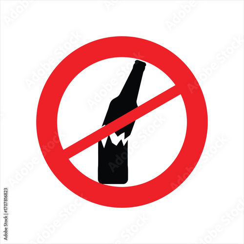 A red circular prohibition sign indicating no glass bottles allowed, featuring a black silhouette of a broken bottle.