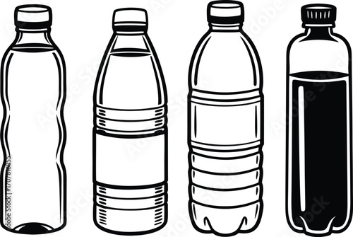 Black and White Vector Illustration of Various Water Bottles for Hydration and Refreshment Needs