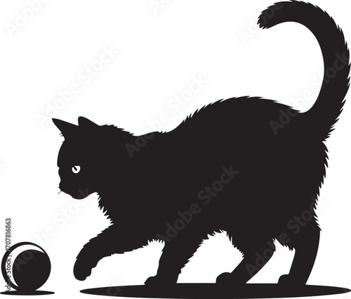 Playful black cat silhouette pouncing on a ball fun domestic pet silhouette art