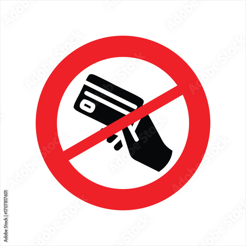 Prohibition sign depicting a hand holding a credit card, indicating no payment allowed.