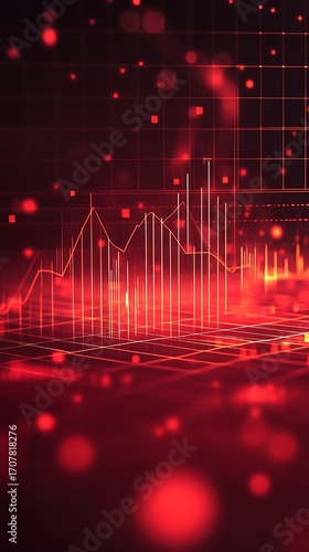 Red stock market chart with rising graph, glowing data points, grid background
