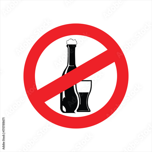 No alcohol sign with a bottle and glass crossed out in a red circle.