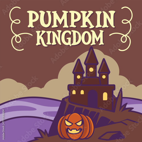 A cartoon pumpkin stands before a spooky castle on Halloween night