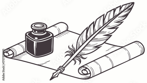 Antique Writing Set with Feather Quill Vector Illustration