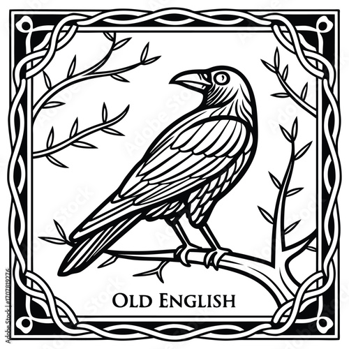 Raven perches on bare branch inside ornamental frame in black and white