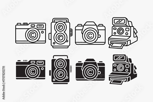 Camera photo, Film camera, Instant camera, DSLR, Rangefinder, TLR, SLR icons set in outline, silhouette and colorful style for photography, media and creative. Vector Illustration