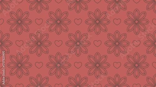 A repeating pattern of flowers and hearts on a coral background with a simple line drawing style