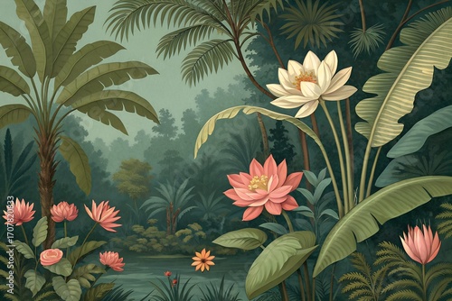 Dreamy tropical jungle scene with vibrant lotus flowers and lush palm trees design