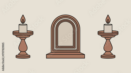 Illustration of two candles on stands flanking a decorative archway on a cream colored background