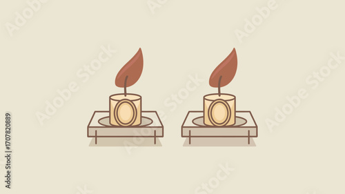 Illustration of two lit candles on square candle holders on a light beige background color scene