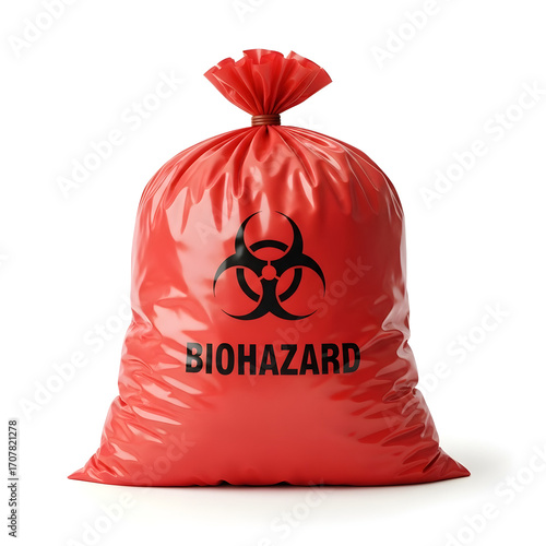 Red biohazard waste bag with biohazard symbol and text.