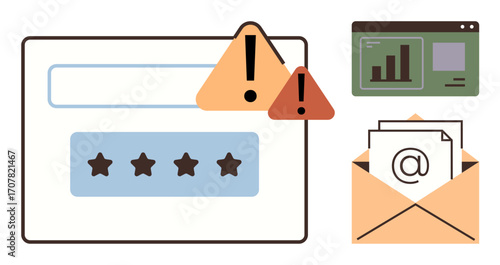 Login form with password stars, warning triangles, email envelope with symbol, analytics dashboard. Ideal for cybersecurity, data breach, phishing, online safety, email security password protection