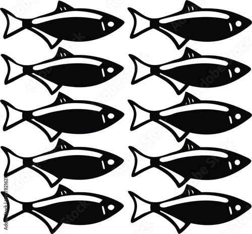 Seamless Pattern of Black Fish Silhouettes on White Background Marine Life Design Element for Textiles and Prints