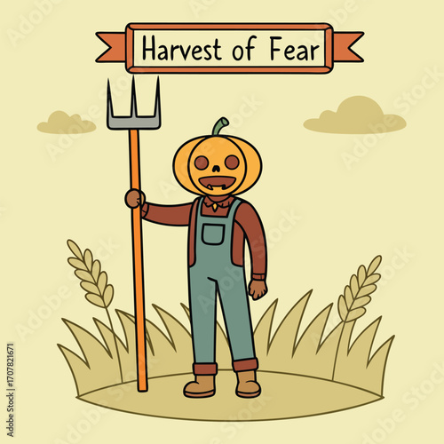 Cartoon pumpkin headed farmer holds a pitchfork amidst wheat fields and cloudy skies