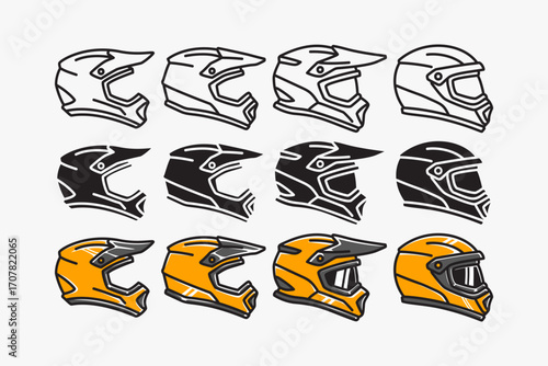 motorcycle helmet, motocross helmet, dirt bike headgear, racing helmet icons set in outline, silhouette and colorful style for motorsport, biking, and extreme sports. Vector Illustration