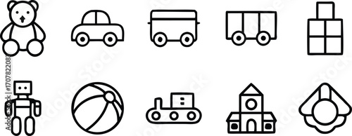 Simple Line Art Toys and Childhood Icons Isolated on White Background for Design Projects and Creative Uses