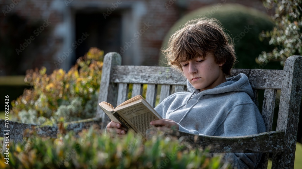 Naklejka premium Young boy reading a book on a wooden bench in a garden during a sunny afternoon