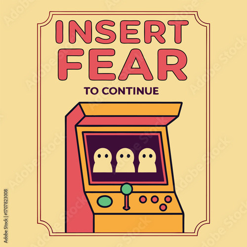 Frightening ghost figures appear within old arcade game while Insert Fear to Continue message floats above