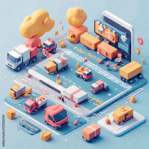 Innovative fleet management and cargo shipping visualized in a 3D isometric illustration, showcasing a digital platform for modern logistics solutions