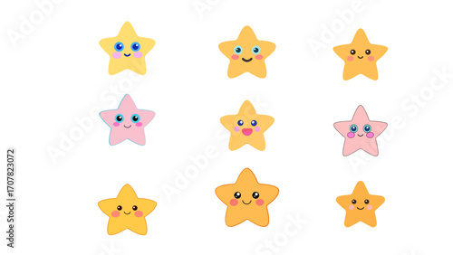 Cartoon Starry Companions A Collection of Cute Stars with Playful Expressions on White Background