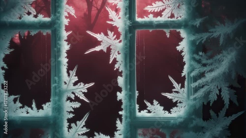Frost expands across windows, red misty forest beyond