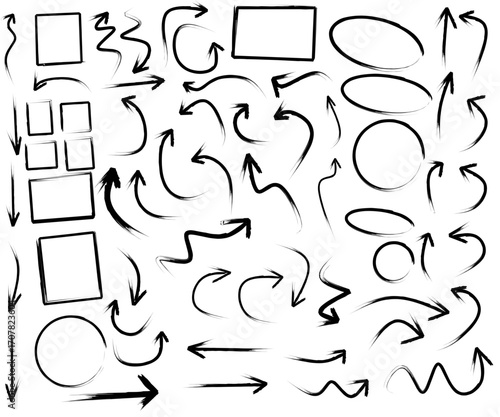 Doodle arrows set or collection. Hand-drawn directions signs or symbols. Ink arrows vector. Doodle symbols. Pointer icons. Pointer graphic symbols. Vector illustration