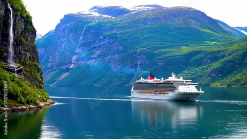 Cruise ship sailing through a fjord, surrounded by majestic mountains and waterfalls