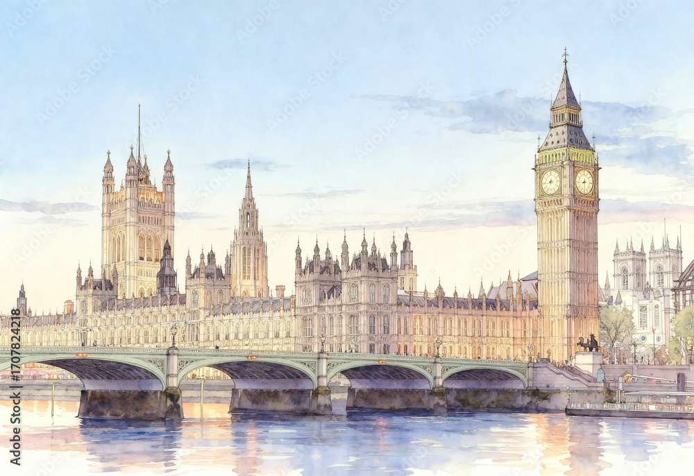 Fototapeta premium Vue panoramique du Parlement britannique et Big Ben depuis la Tamise