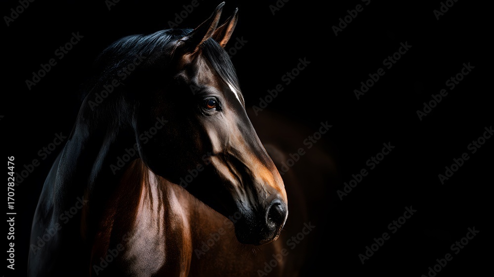 Fototapeta premium Majestic Brown Horse with Dramatic Lighting and Velvety Texture Against a Deep Black Background