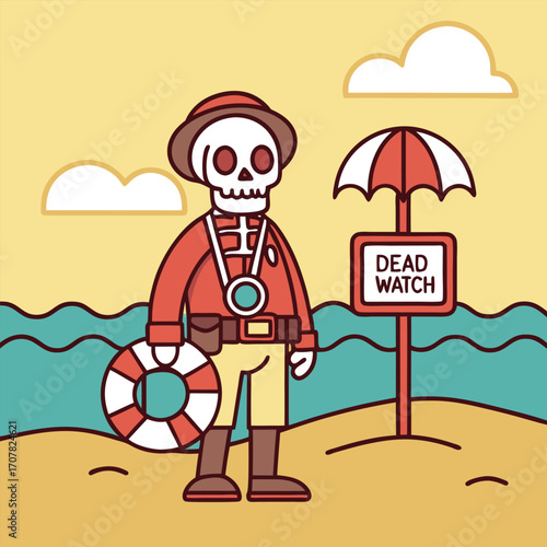 A skeleton wearing lifeguard attire poses beside a sign reading dead watch near waves